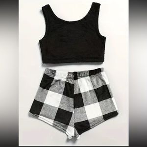 New! Simple Fuzzy Lounge Set‎ Crew Neck Tank Top & Plaid Shorts